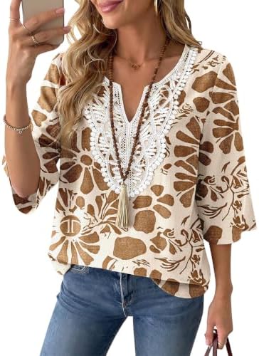 Linen Tops for Women Boho Blouses 3/4 Sleeve Casual Summer Shirts