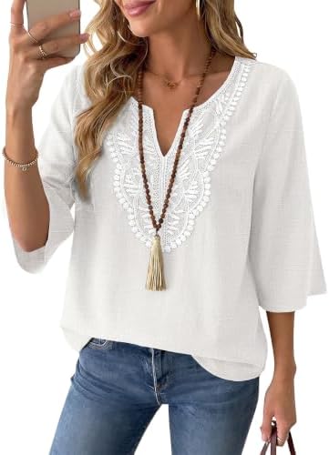 Linen Tops for Women Boho Blouses 3/4 Sleeve Casual Summer Shirts