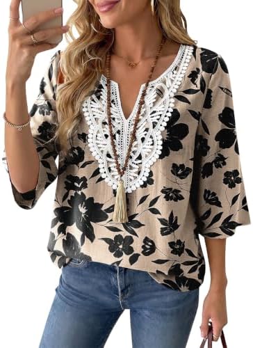 Linen Tops for Women Boho Blouses 3/4 Sleeve Casual Summer Shirts