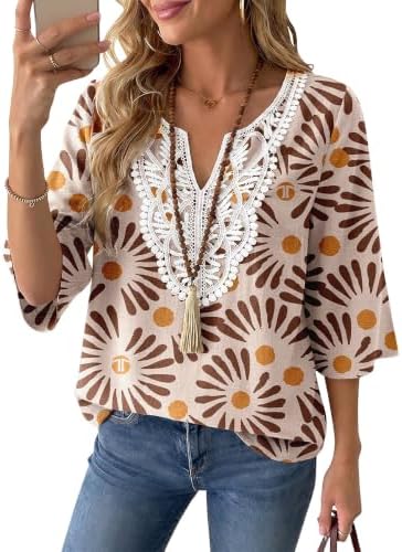 Linen Tops for Women Boho Blouses 3/4 Sleeve Casual Summer Shirts