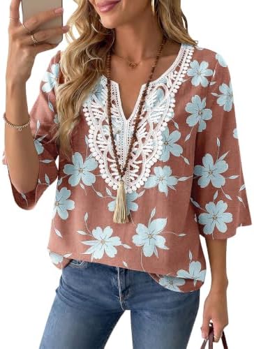 Linen Tops for Women Boho Blouses 3/4 Sleeve Casual Summer Shirts
