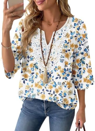Linen Tops for Women Boho Blouses 3/4 Sleeve Casual Summer Shirts