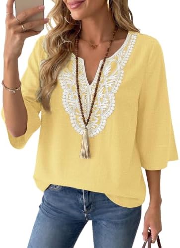 Linen Tops for Women Boho Blouses 3/4 Sleeve Casual Summer Shirts