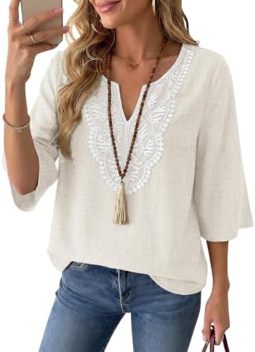 Linen Tops for Women Boho Blouses 3/4 Sleeve Casual Summer Shirts