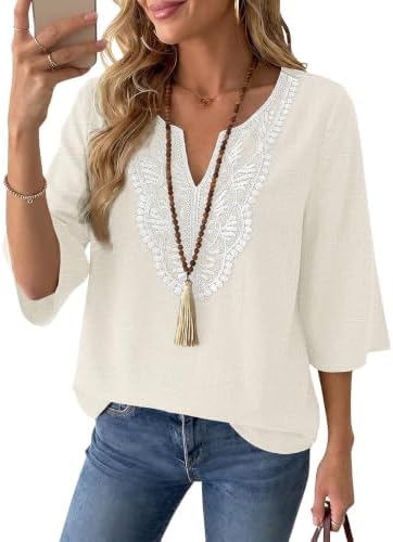 Linen Tops for Women Boho Blouses 3/4 Sleeve Casual Summer Shirts