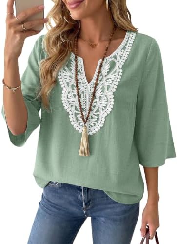 Linen Tops for Women Boho Blouses 3/4 Sleeve Casual Summer Shirts
