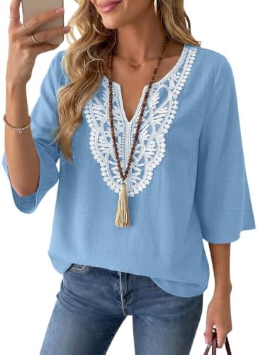 Linen Tops for Women Boho Blouses 3/4 Sleeve Casual Summer Shirts