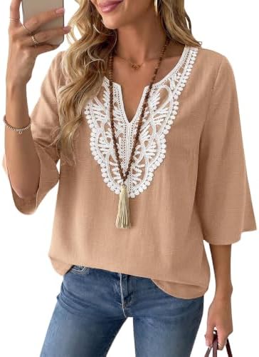 Linen Tops for Women Boho Blouses 3/4 Sleeve Casual Summer Shirts
