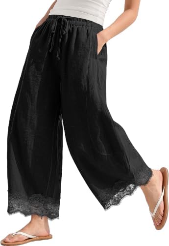 Womens Linen Wide Leg Cropped Lace Trim Pants Black