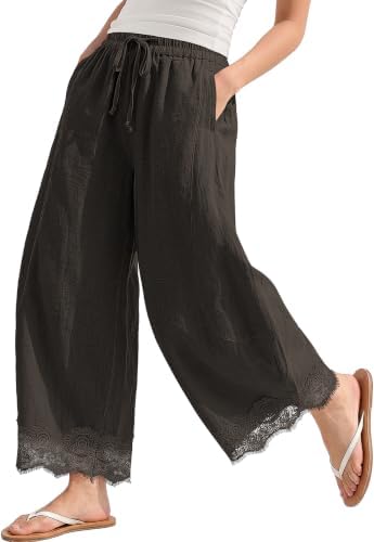 Womens Linen Wide Leg Cropped Lace Trim Pants Dark Coffee