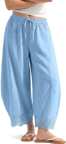 Womens Linen Wide Leg Cropped Lace Trim Pants Light Blue