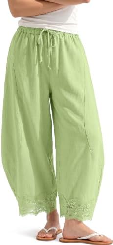 Womens Linen Wide Leg Cropped Lace Trim Pants