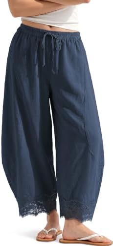 Womens Linen Wide Leg Cropped Lace Trim Pants Light Navy