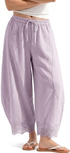 Womens Linen Wide Leg Cropped Lace Trim Pants Light Purple