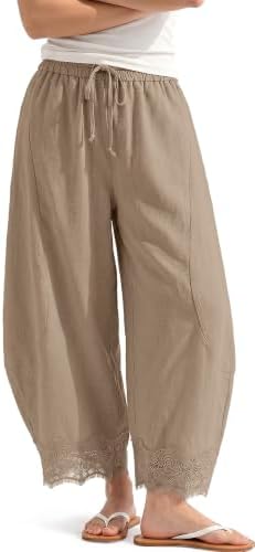 Womens Linen Wide Leg Cropped Lace Trim Pants