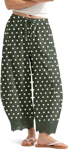 Womens Linen Wide Leg Cropped Lace Trim Pants
