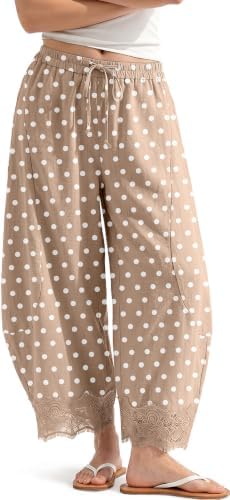 Womens Linen Wide Leg Cropped Lace Trim Pants