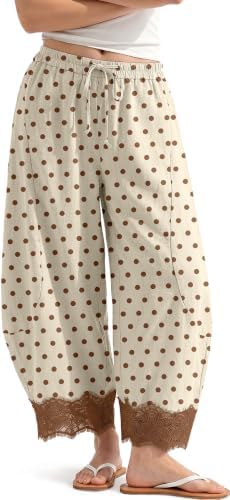 Womens Linen Wide Leg Cropped Lace Trim Pants