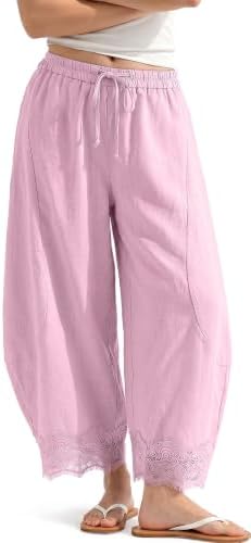 Womens Linen Wide Leg Cropped Lace Trim Pants Peach Pink