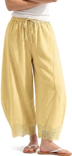 Womens Linen Wide Leg Cropped Lace Trim Pants