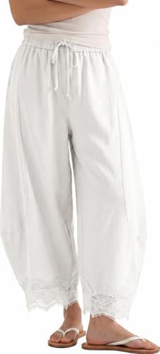 Womens Linen Wide Leg Cropped Lace Trim Pants White