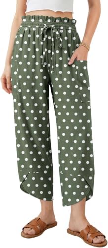 Women Linen Wide Leg Cropped Pants Drawstring Palazzo Trousers