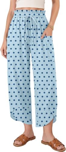Women Linen Wide Leg Cropped Pants Drawstring Palazzo Trousers Blue