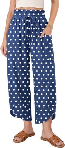 Women Linen Wide Leg Cropped Pants Drawstring Palazzo Trousers
