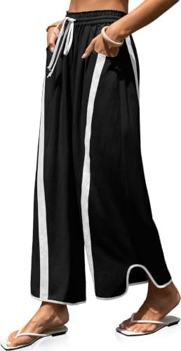 Womens Linen Wide Leg Pants Baggy Casual Drawstring Elastic Waisted