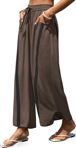 Womens Linen Wide Leg Pants Baggy Casual Drawstring Elastic Waisted