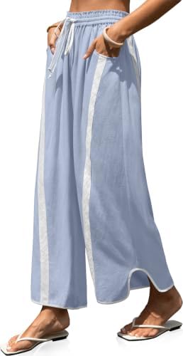 Womens Linen Wide Leg Pants Baggy Casual Drawstring Elastic Waisted