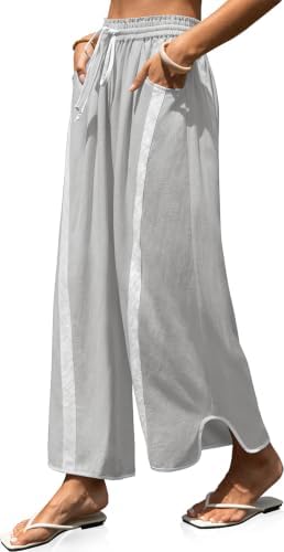Womens Linen Wide Leg Pants Baggy Casual Drawstring Elastic Waisted