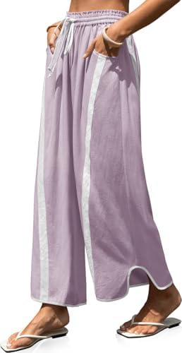 Womens Linen Wide Leg Pants Baggy Casual Drawstring Elastic Waisted