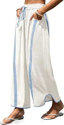 Womens Linen Wide Leg Pants Baggy Casual Drawstring Elastic Waisted