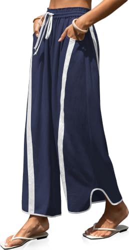 Womens Linen Wide Leg Pants Baggy Casual Drawstring Elastic Waisted