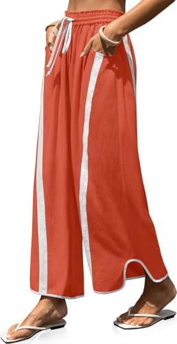 Womens Linen Wide Leg Pants Baggy Casual Drawstring Elastic Waisted