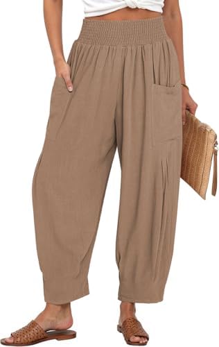 Women's Linen Wide Leg Pants Baggy High Waist Palazzo Pants Coffee