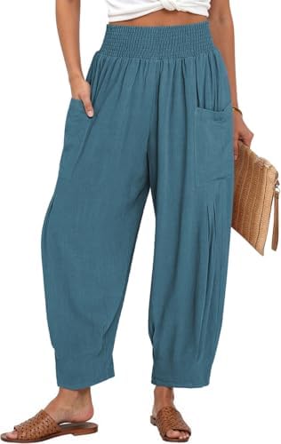 Women's Linen Wide Leg Pants Baggy High Waist Palazzo Pants Lake Blue