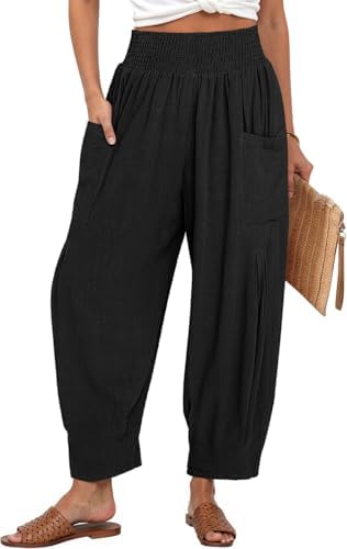 Women's Linen Wide Leg Pants Baggy High Waist Palazzo Pants Black