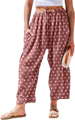 Women's Linen Wide Leg Pants Baggy Palazzo Harem Pants with Pocket