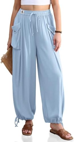 Womens Linen Wide Leg Pants Casual Loose Drawstring Palazzo Trousers
