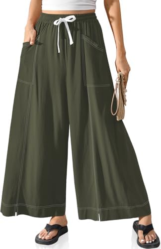 Women Linen Wide Leg Pants Casual Loose Baggy Palazzo Drawstring Summer