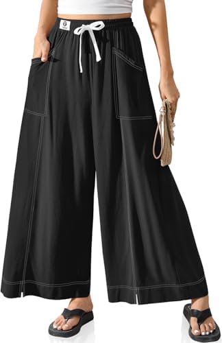 Women Linen Wide Leg Pants Casual Loose Baggy Palazzo Drawstring Summer