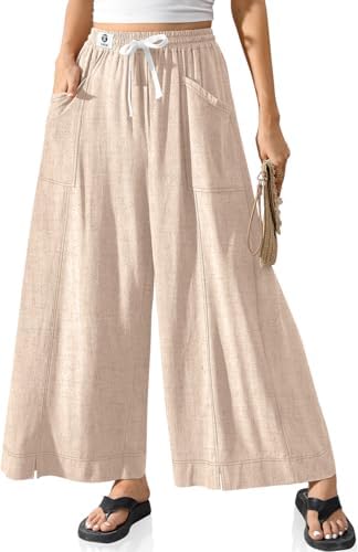 Women Linen Wide Leg Pants Casual Loose Baggy Palazzo Drawstring Summer