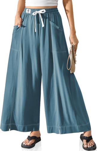 Women Linen Wide Leg Pants Casual Loose Baggy Palazzo Drawstring Summer