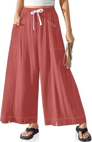 Women Linen Wide Leg Pants Casual Loose Baggy Palazzo Drawstring Summer