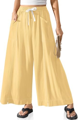 Women Linen Wide Leg Pants Casual Loose Baggy Palazzo Drawstring Summer