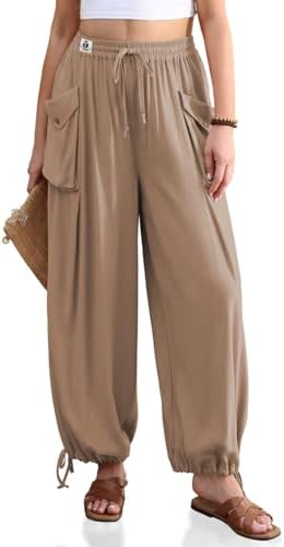 Womens Linen Wide Leg Pants Casual Loose Drawstring Palazzo Trousers