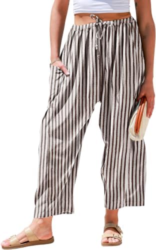 Womens Linen Wide Leg Pants Casual Loose Drawstring Low Waist Beach