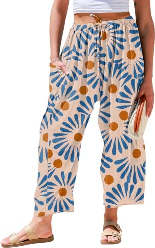 Womens Linen Wide Leg Pants Casual Loose Drawstring Palazzo Pants